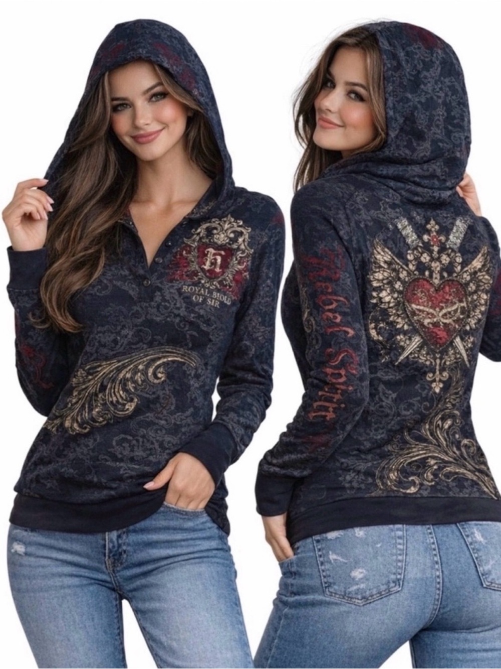 🔥 Rebel Spirit Embellished Hoodie – Y2K Gothic Ed Hardy Style 🔥